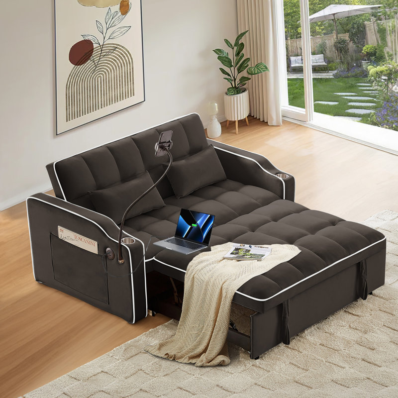 Sleeper Sofa Couch Bed with Phone Holder, Modern 3-in-1 Convertible Velvet Pull Out Loveseat Futon Sofa with USB & Type C Port & Cup Holder for Living Room Bedroom Office