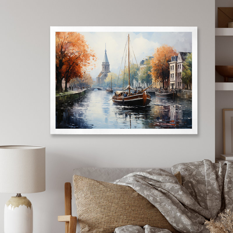 Orange Canal Waterway Pointillism I - reproduction, Cadre photo blanc, H 12 po x l 20 po x P 1 po