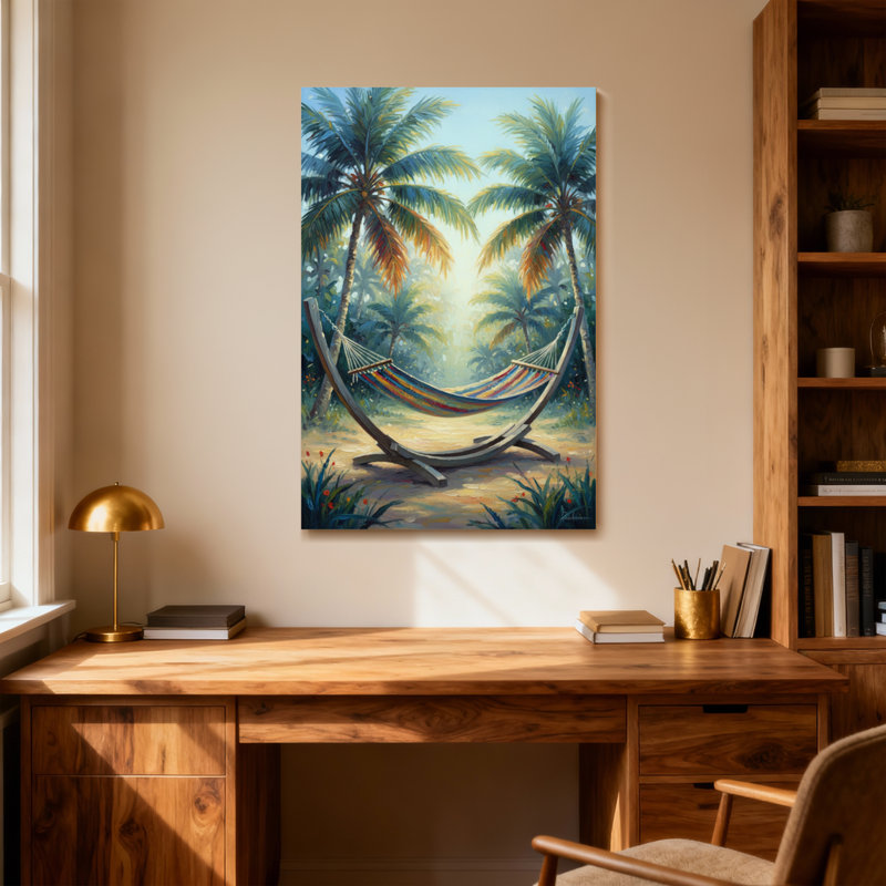 Plantes et fleurs, palmiers tropicaux, hamac, scène de paradis, H 16 po x l 24 po