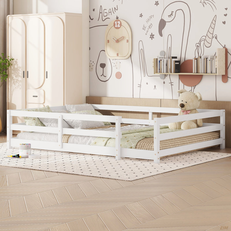 Poppyx Montessori Floor Bed Set With Fence, Sturdy Pine Wood And Safe Guardrails, Full, White