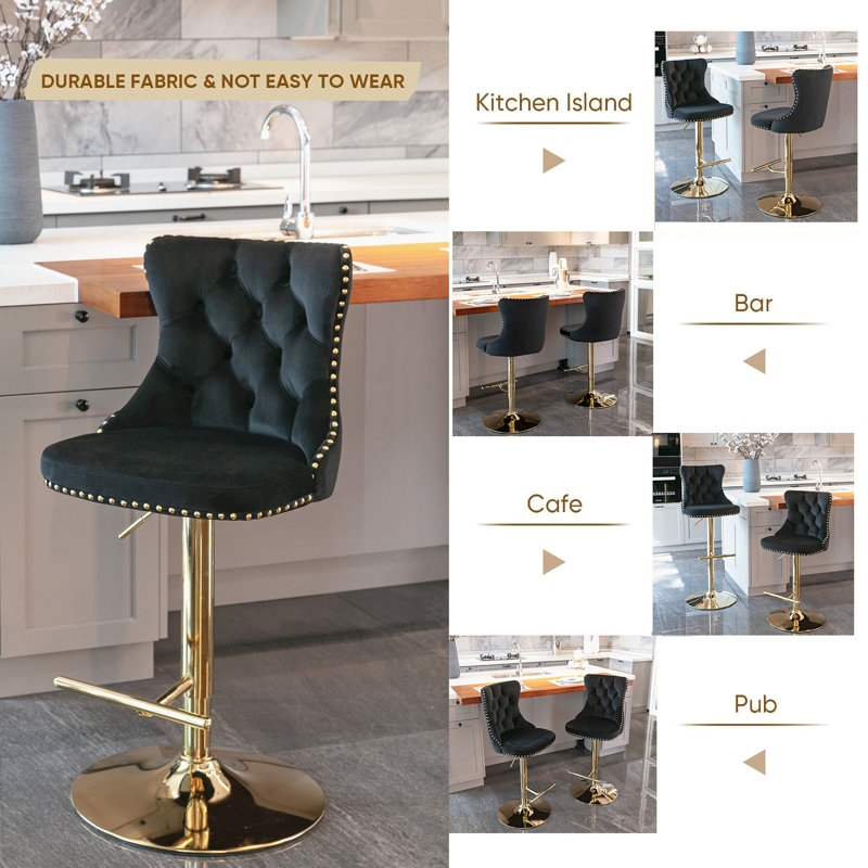Tabouret pivotant à hauteur réglable Hukam, Noir, Or