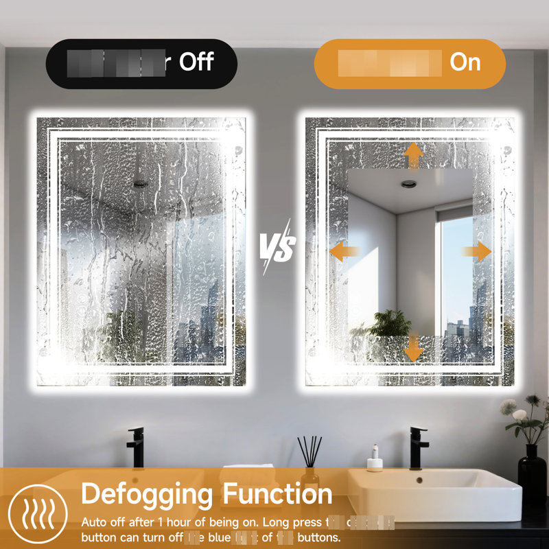 Miroir à DEL intelligent 20 po x 28 po pour la salle de bain, luminosité réglable de 10% à 100%, 3 réglages de température de couleur, fonction de brouillard, compatibilité avec interrupteur mural, verre trempé à l'épreuve de longue durée de 4 mm