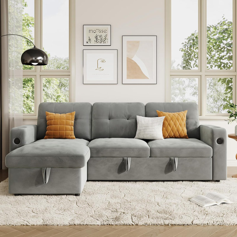 84" Sleeper Sofa Bed with Storage, LED Lights & Charging Station, Velvet, Light Grey, Light Gray