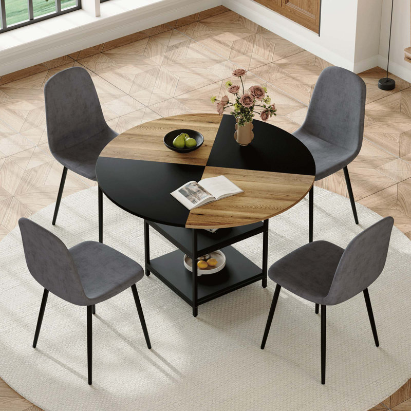 Ensemble de table de salle à manger moderne épissure de 47,3 pouces de diamètre avec rangement double couche, jumelé à 4 chaises en tissu