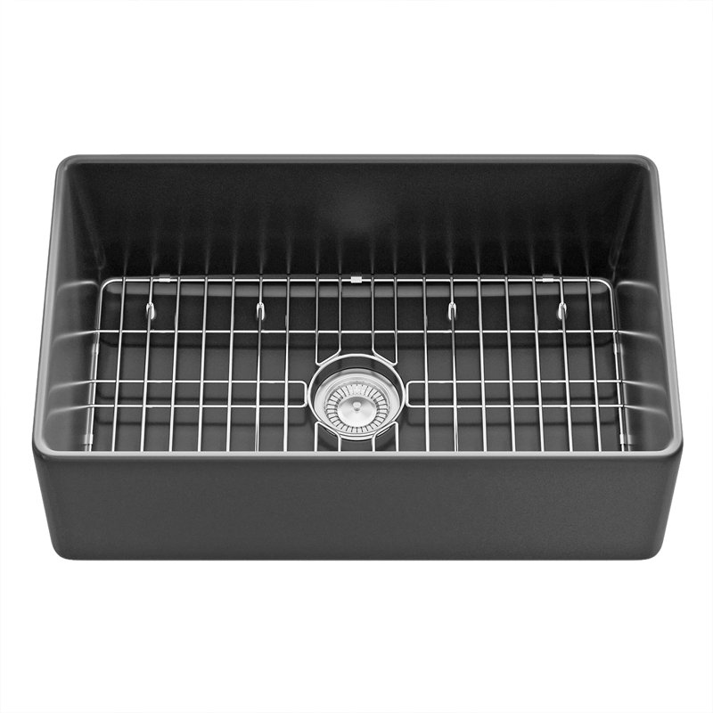 Évier de cuisine Sinber 30 po en céramique noire, de style ferme, à tablier frontal et à cuve, avec 2 accessoires