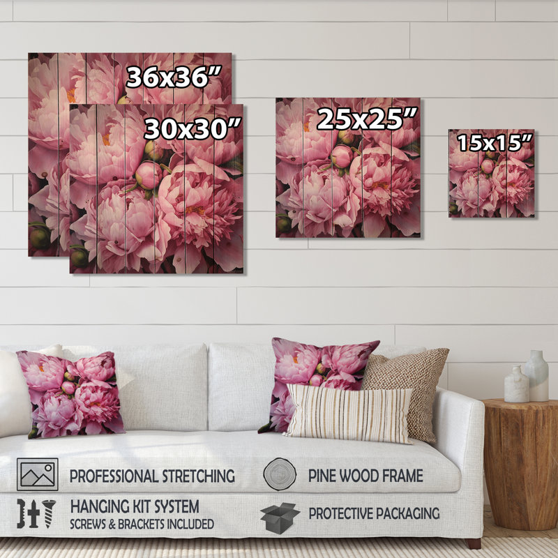 Shirla pivoine verte et rose captivante II sur bois, H 25 po x l 25 po x P 0,78 po