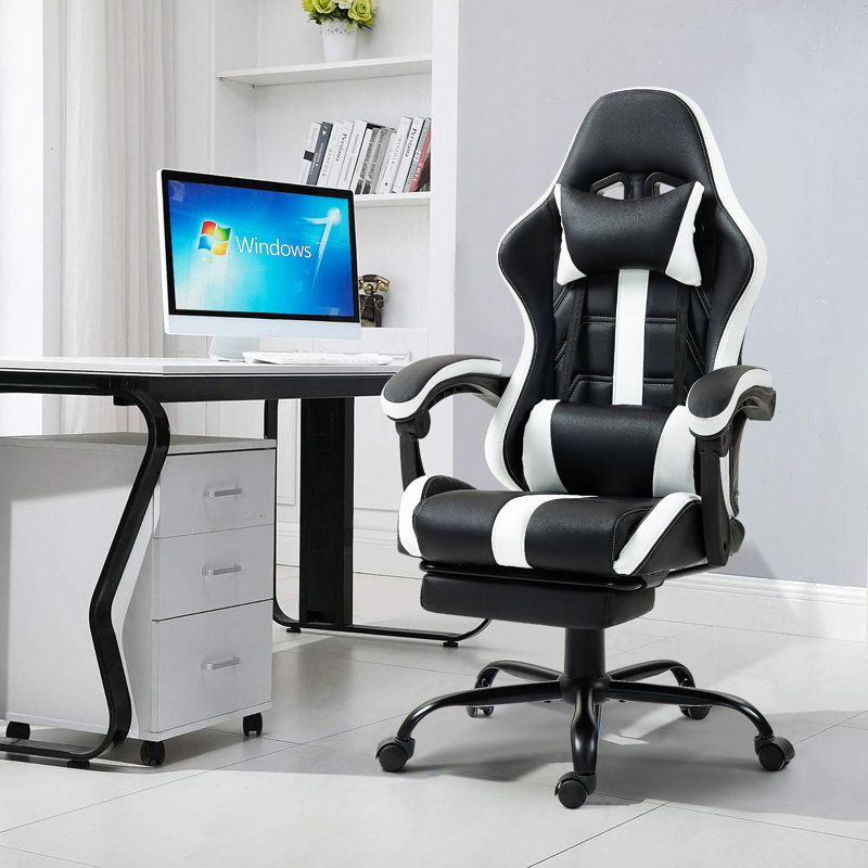 Fauteuil de jeu en polyuréthane avec repose-pieds et support lombaire à massage, Noir / blanc
