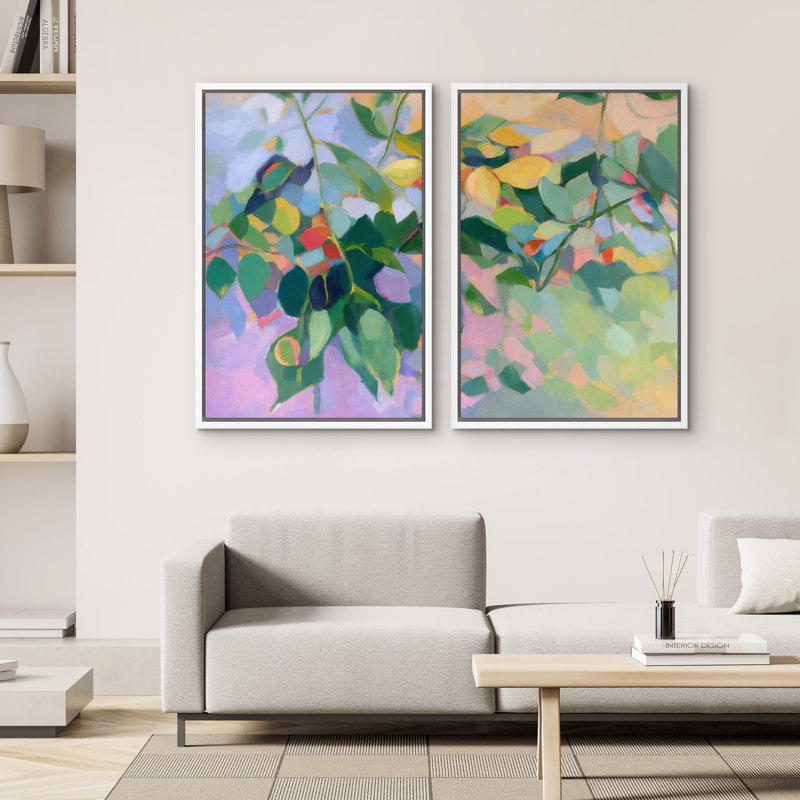 2 pièces colorées abstraites botaniques nature moderne pour le salon, H 36 po x l 24 po x P 1,5 po, Blanc