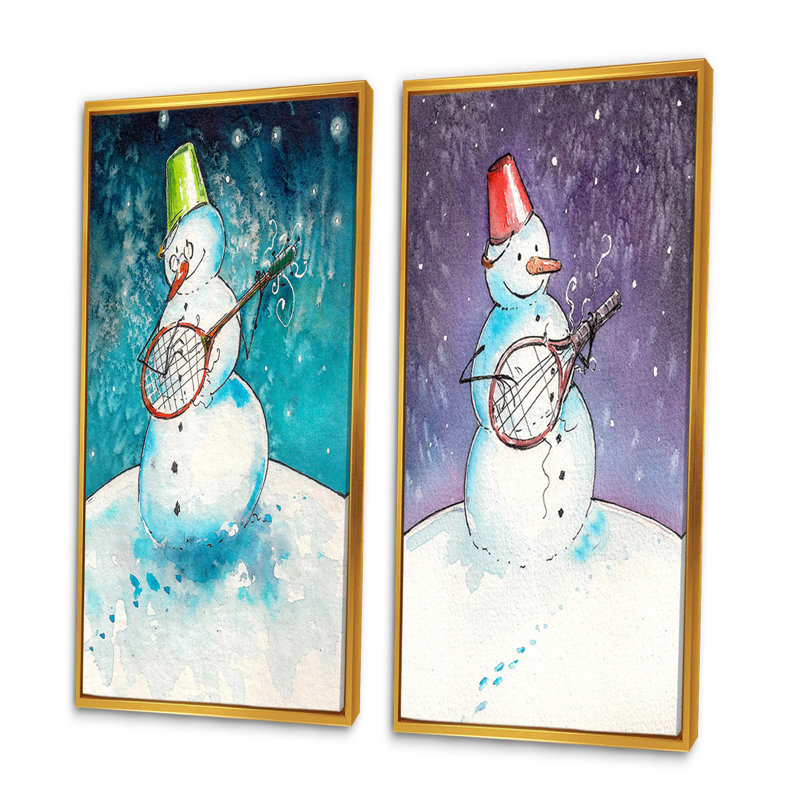 Bonhomme de neige de Noël jouant de la guitare - ensemble de 2 impressions sur toile, H 32 po x l 32 po x P 1 po