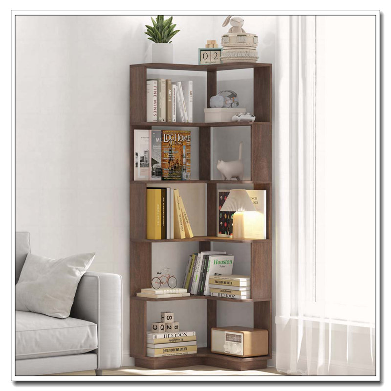 Bibliothèque de coin en L à 6 niveaux pour salon, Marron foncé