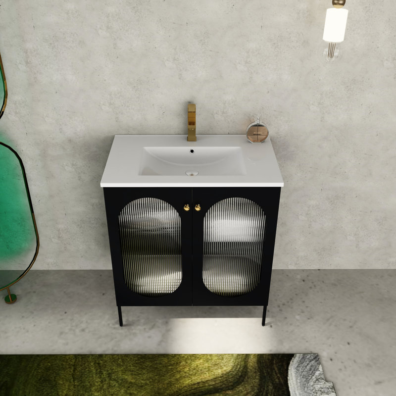 Meuble-lavabo de salle de bain autoportant de 30 po avec armoire en acier et céramique de 30 po, lavabo, structure laminée à froid et deux portes de style moderne avec tablettes en métal, poignées en métal, noir
