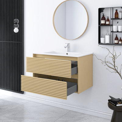Meuble-lavabo 30 po avec lavabo, armoire de rangement murale en contreplaqué flottant avec tiroirs, lavabo en céramique blanche sans robinet, pré-assemblé, Corolla 