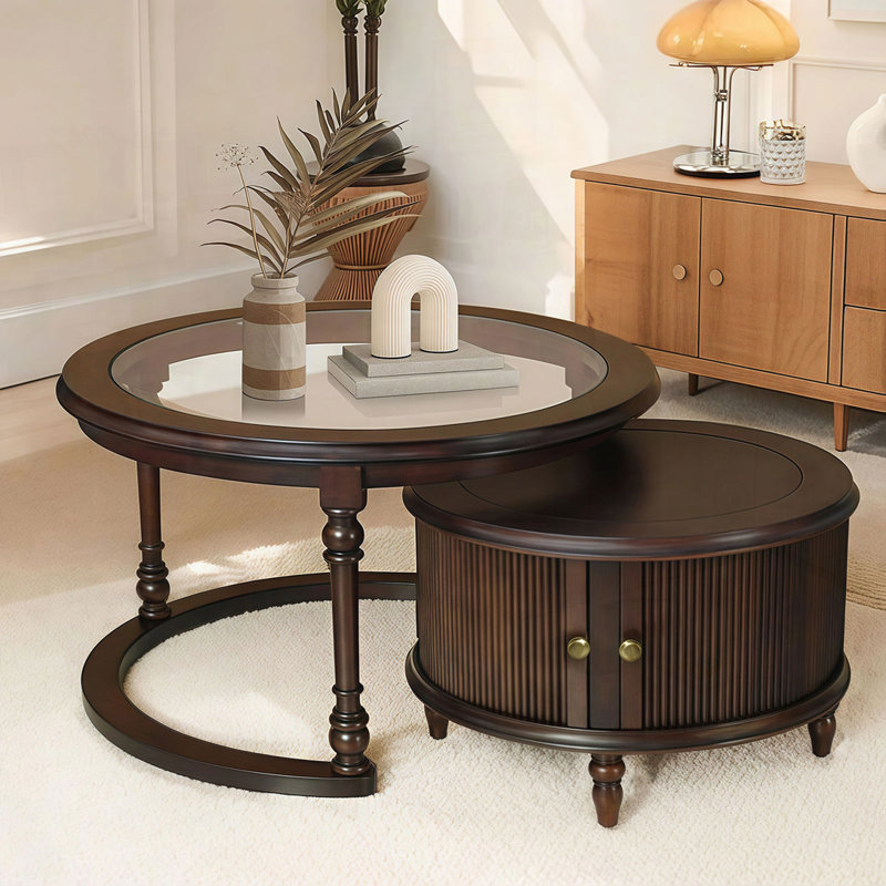 Ensemble de tables basses gigognes avec cadre en verre et bois massif, Marron foncé