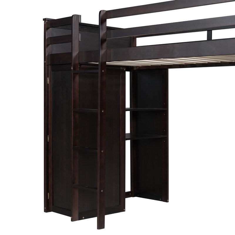 Lit mezzanine simple avec lit autonome, tablettes, bureau et garde-robe, Espresso