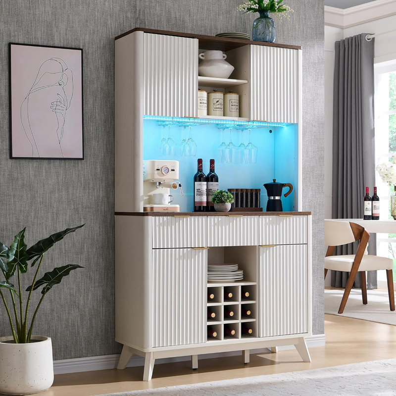Bar 72 "avec lumières DEL, porte-bouteilles et armoires, Blanc