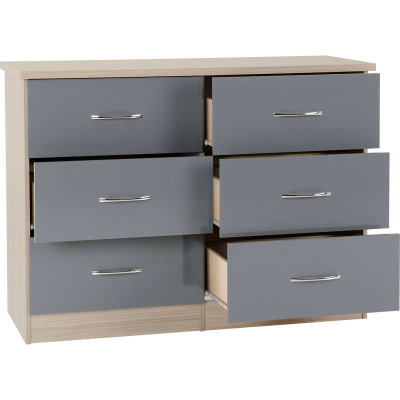 Kosie 6 Drawer Chest, Grey Gloss/Light Oak Effect Veneer