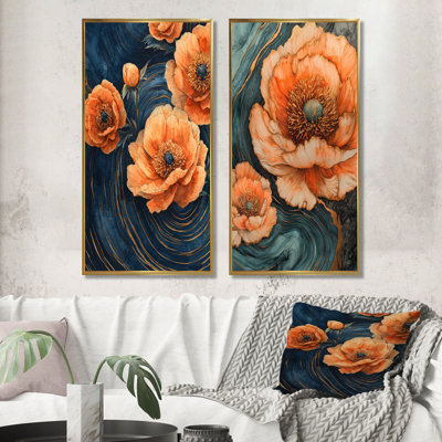 Pivoines oranges sur pierre géode sauvage - Collection d'art mural floral 2 panneaux