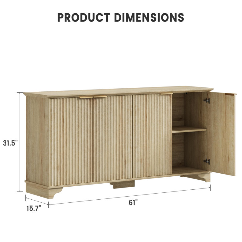 61" Large Buffet Sideboard Cabinet With 4 Fluted Doors And Storage, Oak