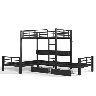 Lit mezzanine triple avec tablettes de rangement et tiroirs, lit simple mezzanine simple et simple avec lumières à DEL et ports USB, lit mezzanine en forme de L pour 3, peu encombrant, noir