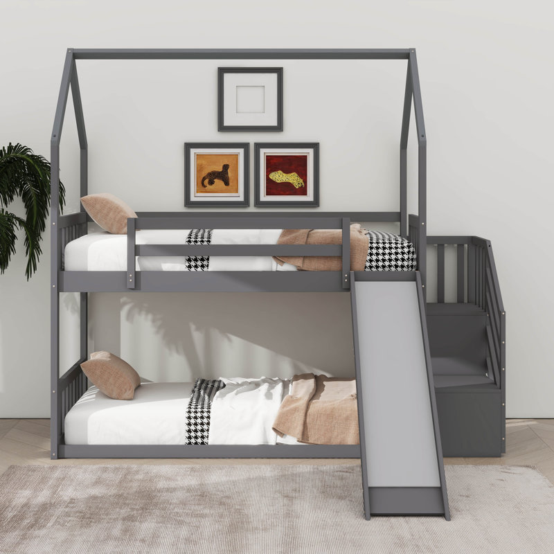 Lit superposé simple au dessus d'un lit simple avec glissière convertible, cadre de lit superposé bas en bois avec garde-corps