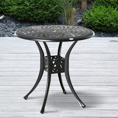 Table bistro ronde noire de 30 po avec trou pour parasol, table de salle à manger extérieure en fonte d'aluminium. Structure rouille, option de configuration de base stable - construction rouille, conception équilibrée