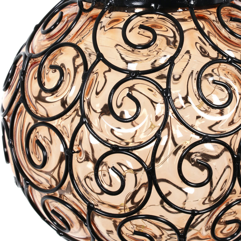 Exhart Solar Round Glass and Metal Hanging Lantern with 15 Cool White LED Firefly String Lights, 7 by 21", Amber