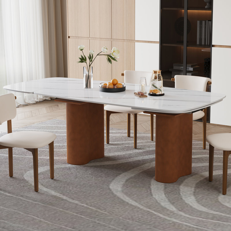 94.49" Extendable Rectangular Dining Table Extendable Sintered Stone Dining Table with Wood Base Seats 10 Modern Kitchen Expandable Table
