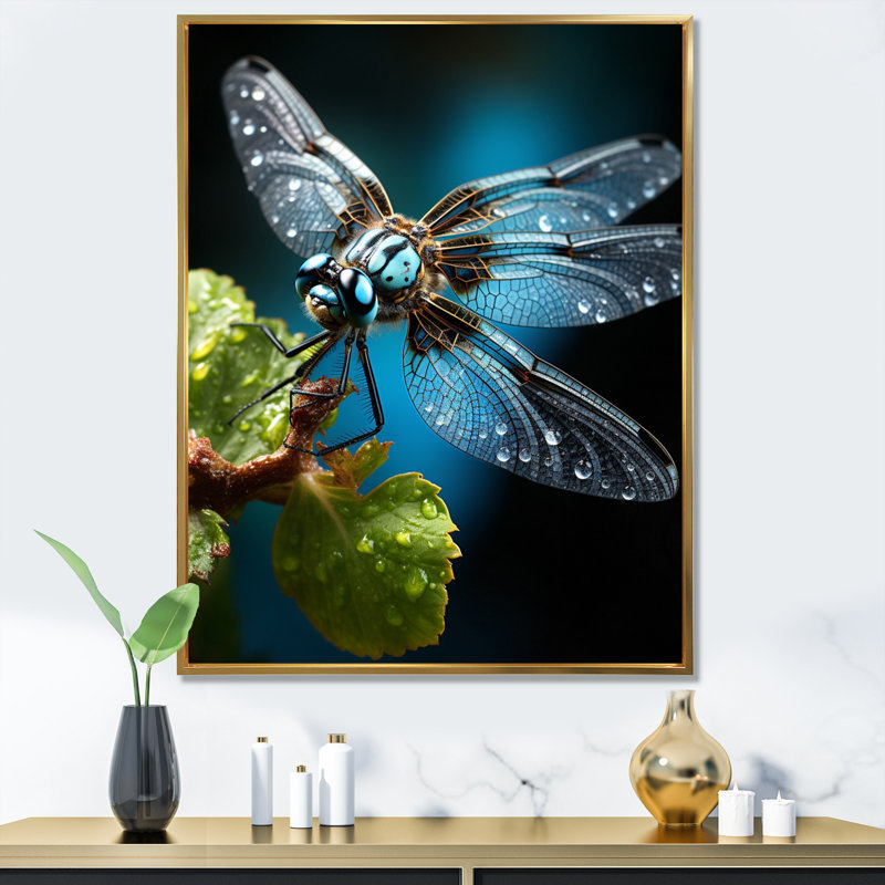 «Teal Dragonfly Insectes Flight», reproduction d'art sur toile, H 32 po x l 16 po x P 1 po, Cadre flottant doré