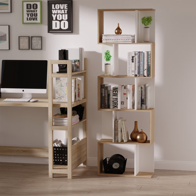 Bibliothèque géométrique, tablette en forme de S à 5 niveaux, naturelle et blanche