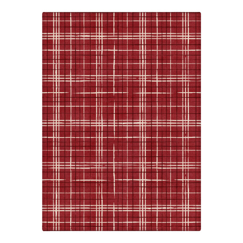 Tapis rustique à carreaux tartan rouge et blanc, à poils courts, lavable, pour salle à manger, Rectangle 4 pi x 6 pi