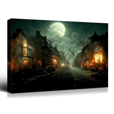 Toile d'art mural d'Halloween, château d'horreur 24 po x 16 po avec lune, décoration effrayante d'Halloween rétro pour galerie salon chambre