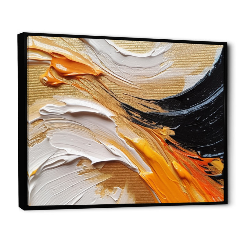 «Orange» et «Mystic Spirals» orange et noir, Cadre flottant noir, H 30 po x l 40 po x P 1,5 po