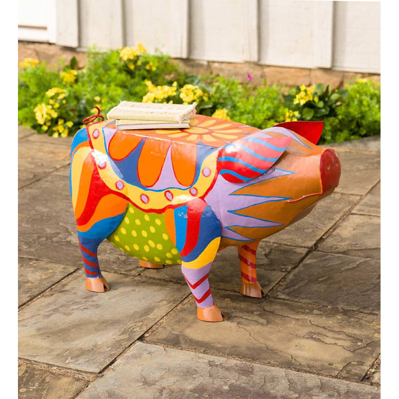 Colorful Folk Art Pig Metal Outdoor Side Table