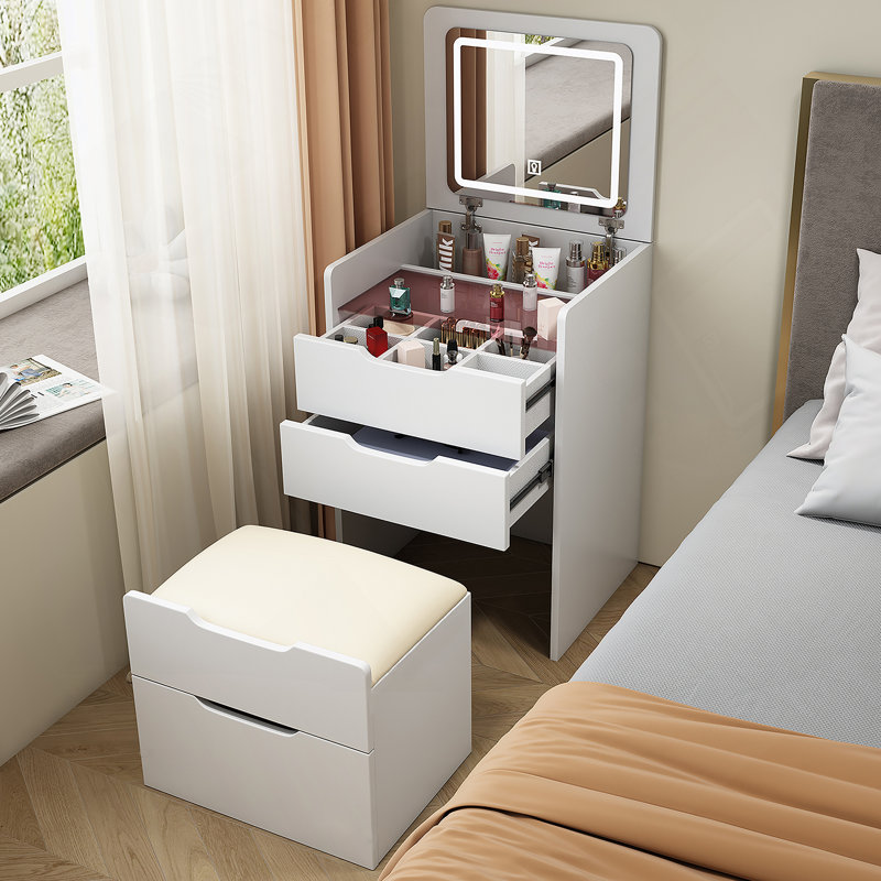 Meuble-lavabo 3 en 1 avec miroir à plateau rabattable, petit ensemble de coiffeuse avec dessus en verre visible