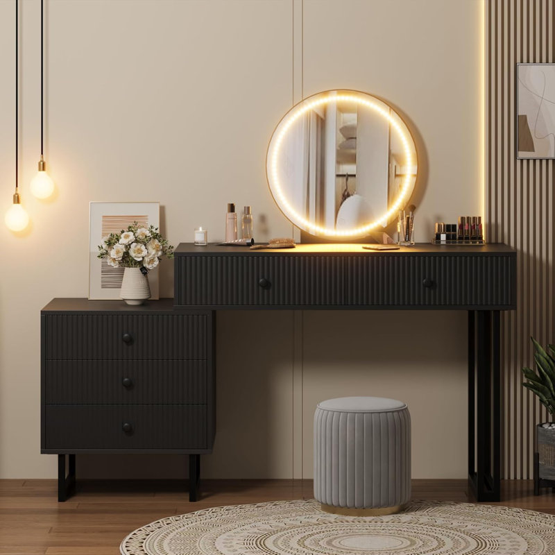 Vanity Desk with Mirror and Lights, Small Makeup Vanity with 5 Drawers, Modern Makeup Vanity Organizer with 3 Color Lights