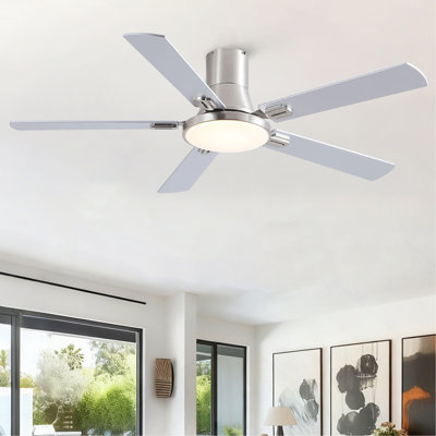52 Inch Mordern Brushed Nickel Flush Mount Ceiling Fan With Light And Remote Control