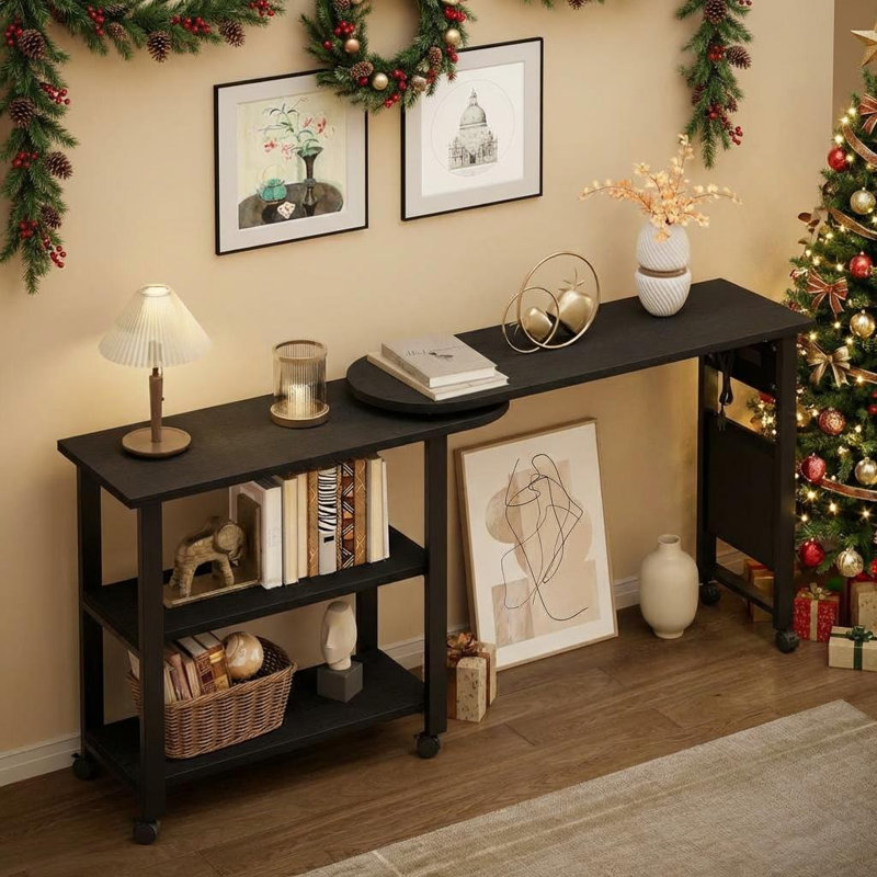 Rotating End Table 360° Side Table with Charging Station Swivel Ene Table with Extra Storage Bag Movable End Table with 6 Swivel Wheels with Brakes for Bedroom Living Room.