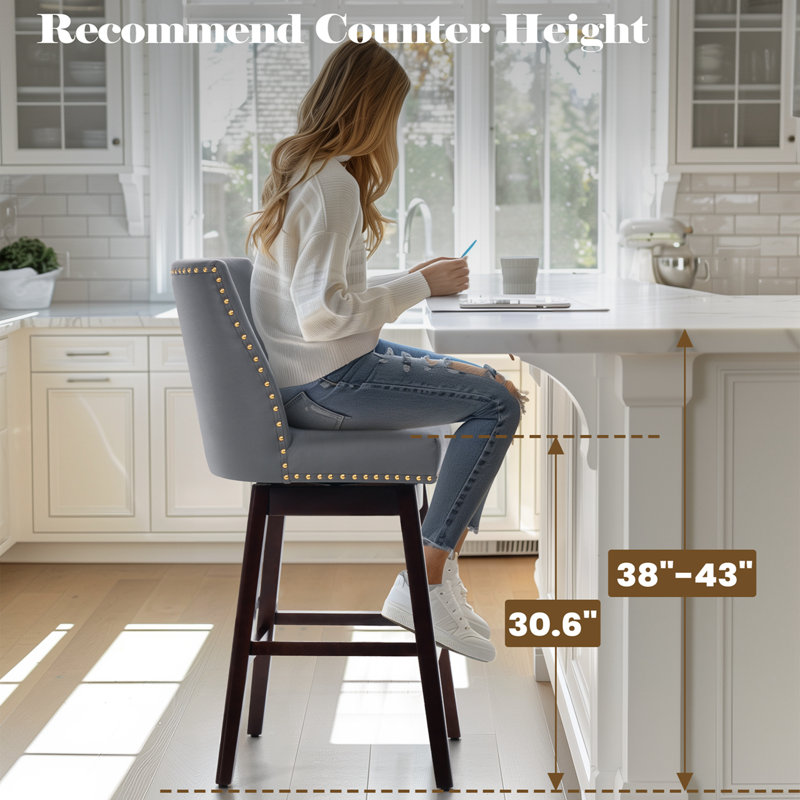 Eriqa Swivel 30.6'' Bar Stool, Blue Grey, Blue Grey Faux Leather
