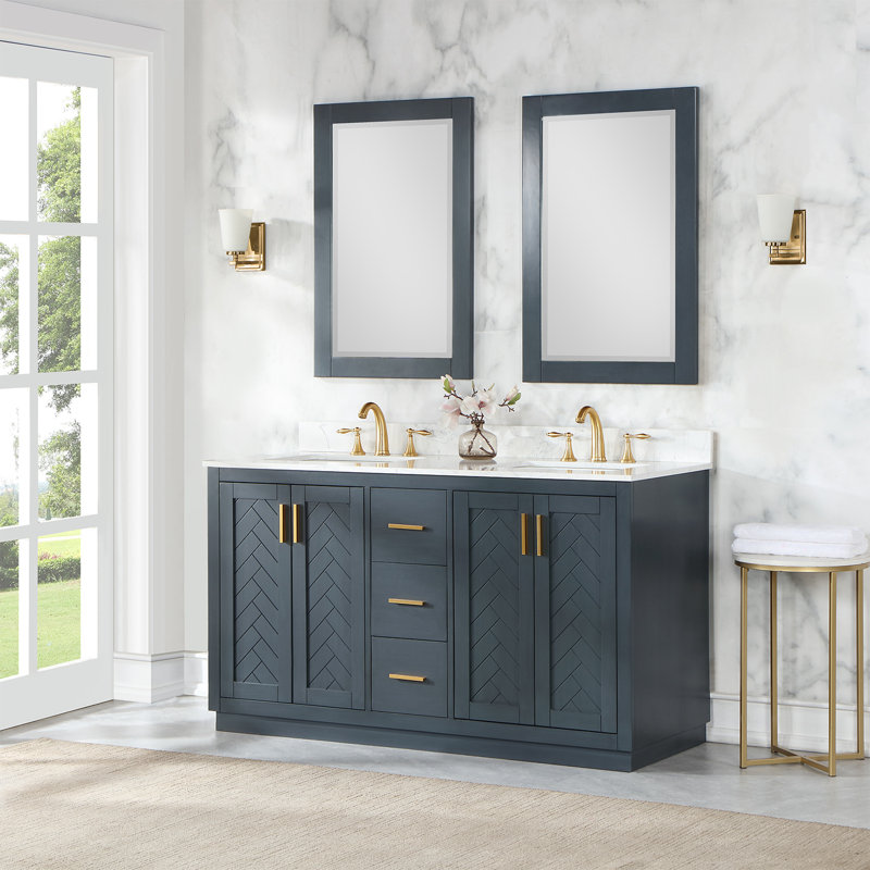 Ensemble de meuble-lavabo double 60 po avec miroir Gazsi, Bleu classique
