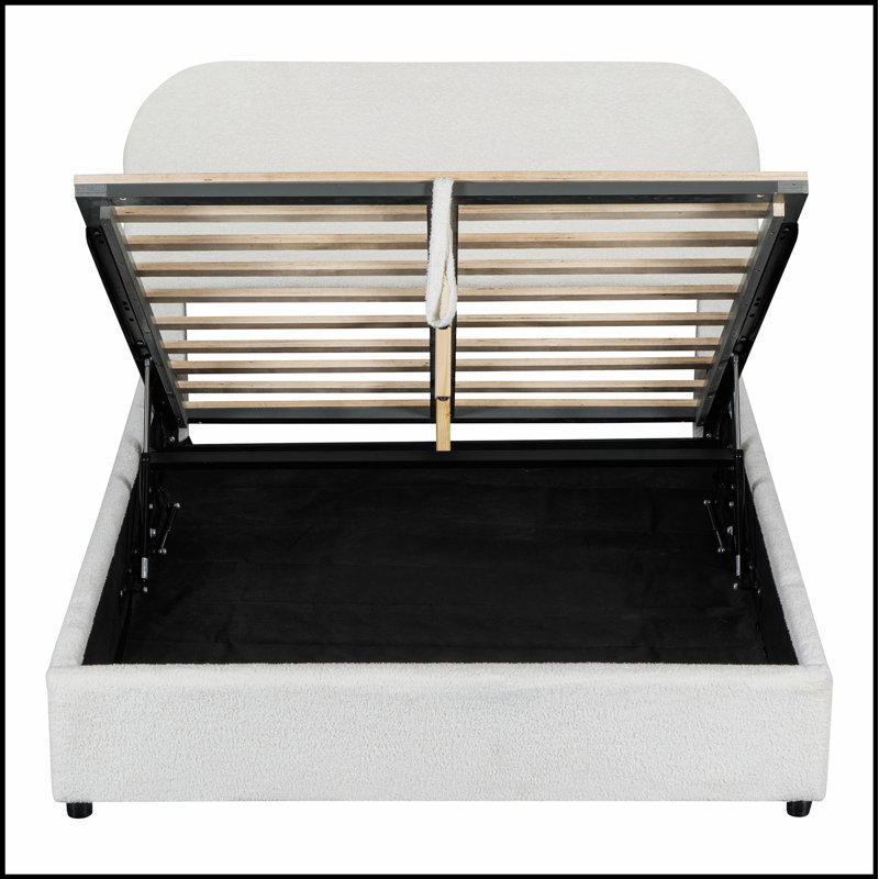 Lit plateforme tapissier avec système de rangement hydraulique Teddy, Lit double, Blanc