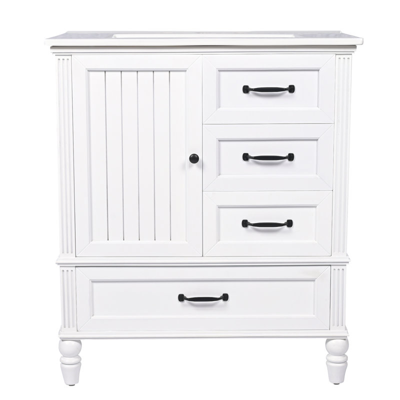 [Vidéo] Meuble-lavabo de 30 po avec lavabo, armoire de salle de bain avec porte, trois tiroirs, pieds en bois massif et panneau de fibres à densité moyenne, patins réglables, blanc (même SKU: N725P195409K)