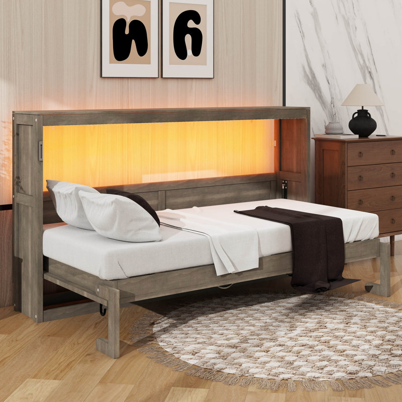 Lit escamotable simple avec lumière DEL intégrée, transformable en armoire, Brun