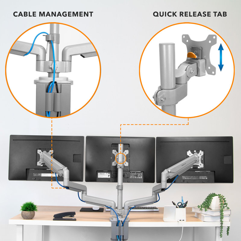Silver Adjustable Triple Monitor Desk Mount with USB and Audio Ports