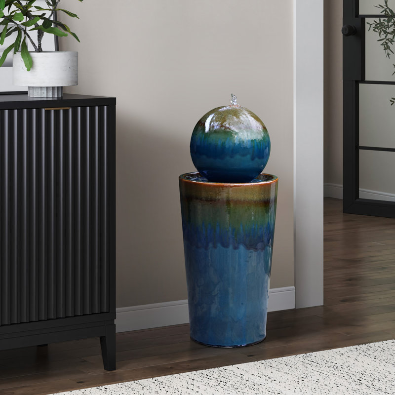 Glazed Blue and Brown Duo-Tone Sphere on Round Pillar Bubbler 30-Inch Tall Ceramic Fountain