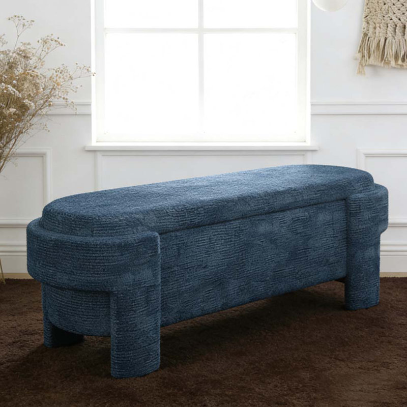 Banc rembourré en lin avec grand espace de rangement, Bleu très foncé