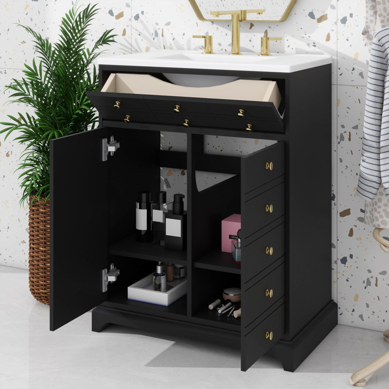 Meuble-lavabo 24 po avec 1 tiroir et 2 portes à fermeture douce, armoire de rangement contemporaine peinte avec lavabo en céramique, lavabo simple élégant pour les petits espaces