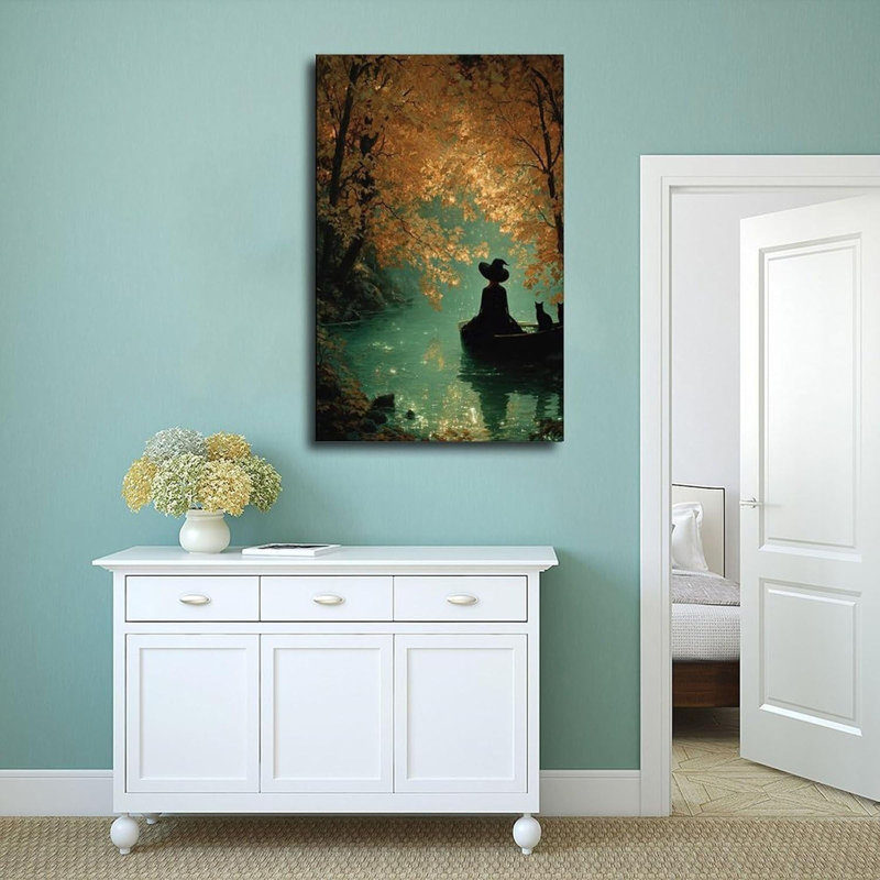 Sorcière, art mural, forêt d'automne avec chats noirs, Halloween, affiche sur toile, décor de chambre à coucher, paysage sportif, décoration de bureau, cadre de cadeau, 16 x 24 po
