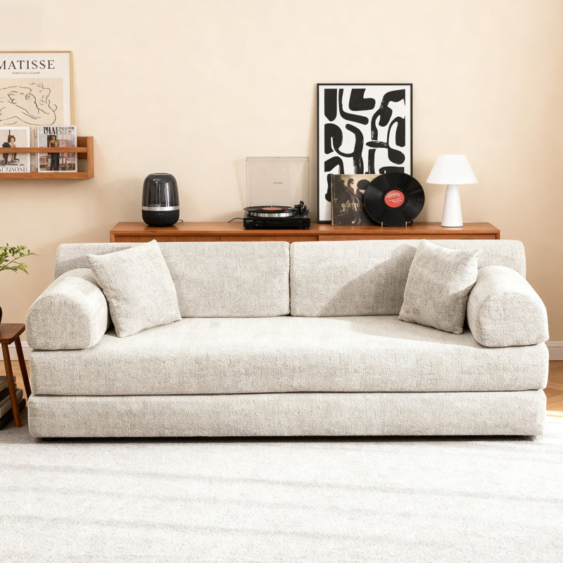 Space-Saving Convertible Sofa Bed with Boucle Fabric and No-Assembly Design