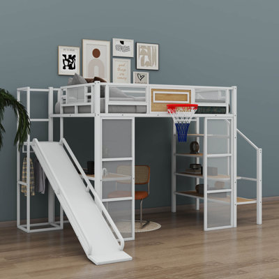 Full-Sized Metal Loft Bed Featuring Integrated Desk, Open Closet, Basketball Hoop, Slide, And Staircase by XIUYE