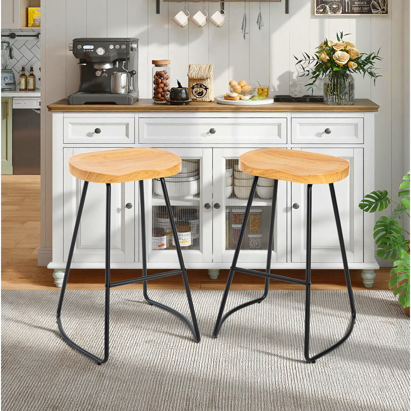 26 Inch Barstool Chair for Kitchen Island, Rustic Saddle, Seat Backless Stools with Metal Leg, Brown
